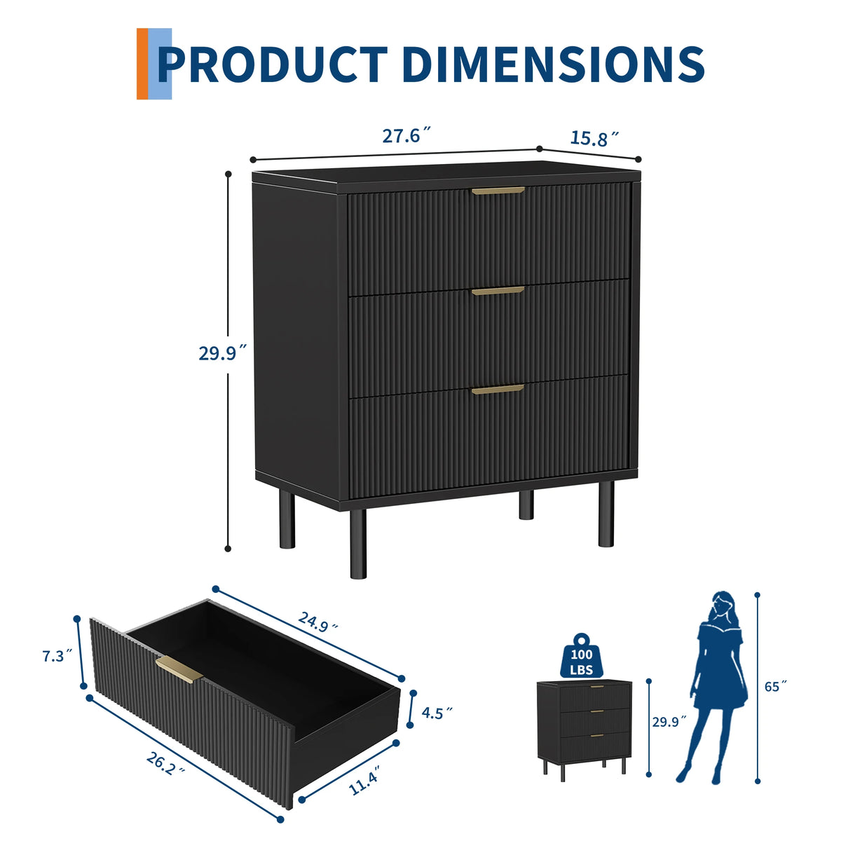 GAOMON Fluted Wooden Chest of Drawers with Metal Legs