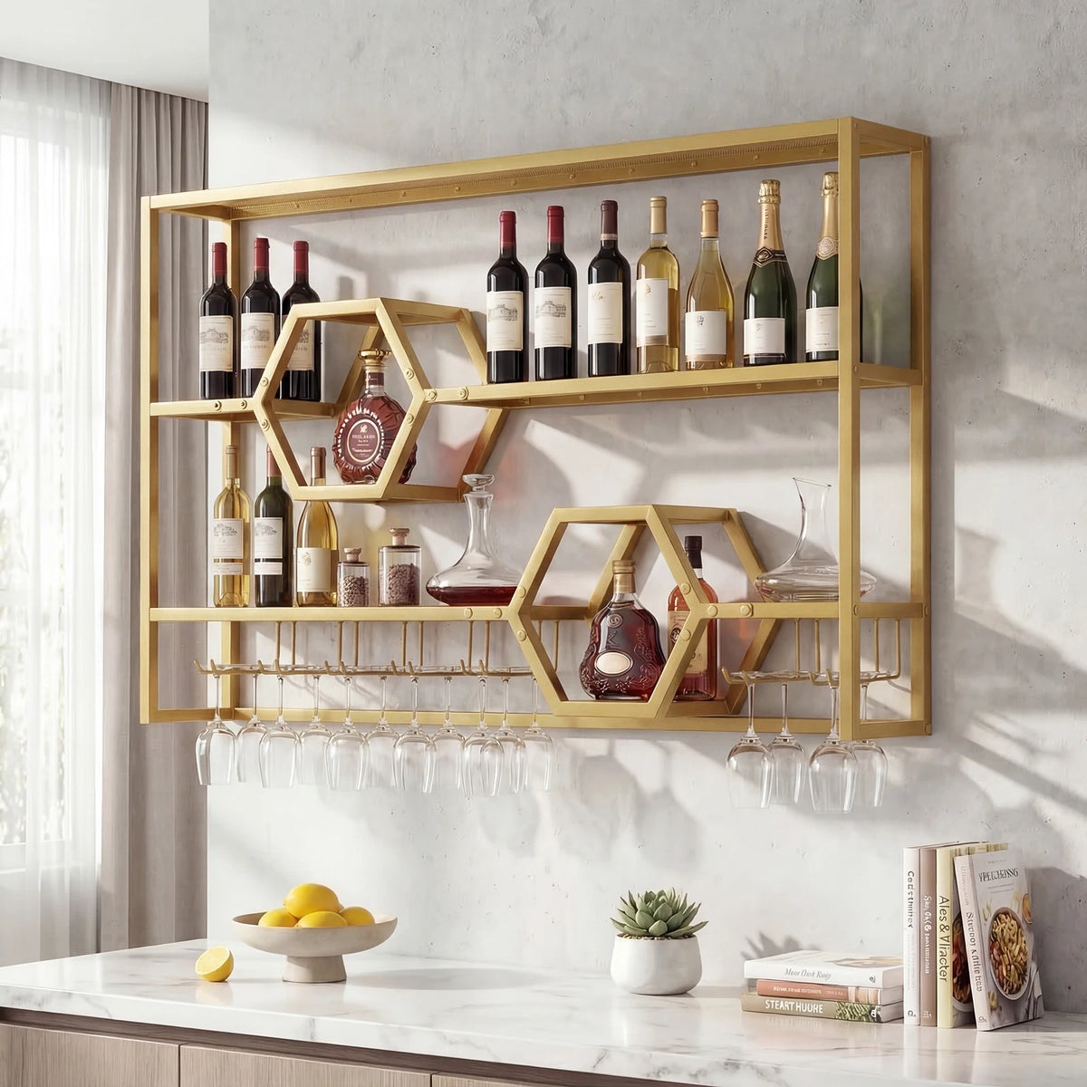 Wall Mounted Wine Rack 47” Large Floating Bar Shelves w/ Glass Holder for Kitchen