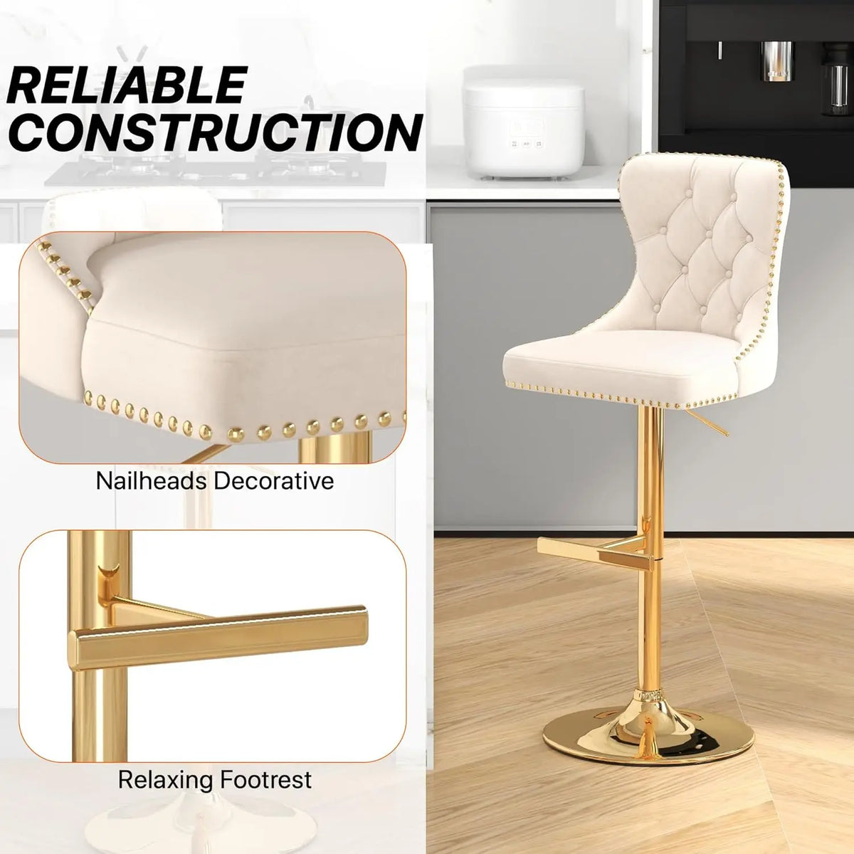 Velvet Swivel Counter Height Bar Stools Set 4 Tufted Back Nailheads Gold Base Kitchen Pub, Custom