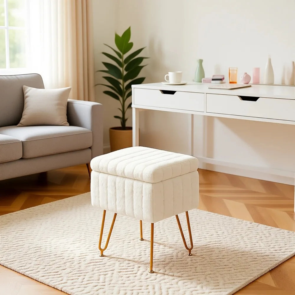 Storage Ottoman Chair With Faux Fur Seat And Metal Legs