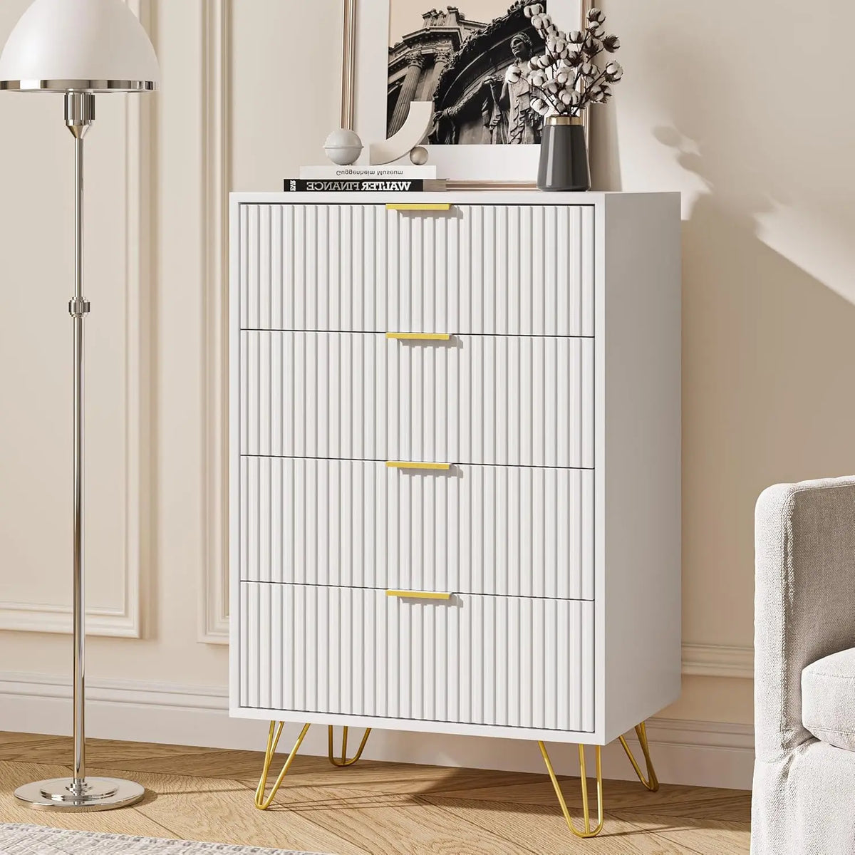 White Modern Dresser with Gold Metal Handles for Bedroom