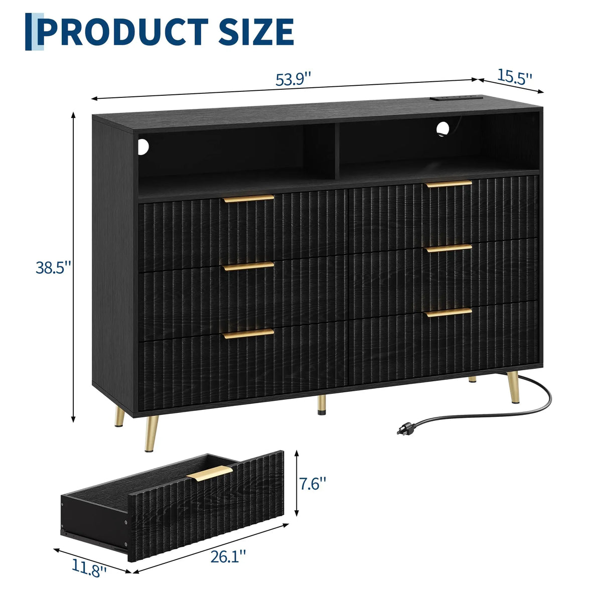 GAOMON Fluted Dresser With LED Lights Charging Station And Storage