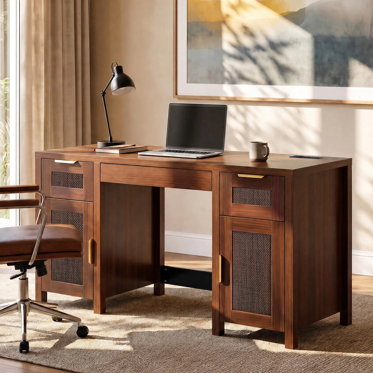 HiMISS Modern Wooden Office Desk With Drawers And Cabinet Storage