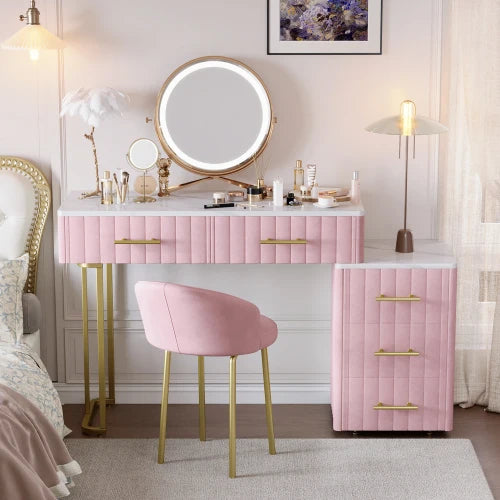 Velvet Upholstered Vanity Desk with Chair, Vanity Set with 5 Big Drawers, Makeup Table with Padded Chair