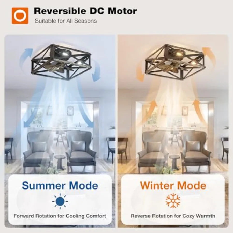 Caged Low Profile Ceiling Fans with Lights and Remote, Small Farmhouse Flush Mount Fandelier, 6 Speeds Reversible Ceiling Fan w