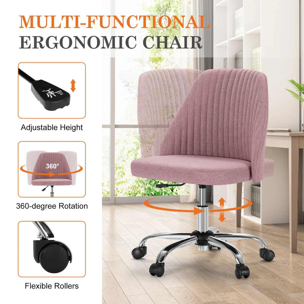 MCQ Armless Ergonomic Fabric Office Chair with 360° Swivel Rolling Adjustable Height Gaming Racing Chair For Home Office