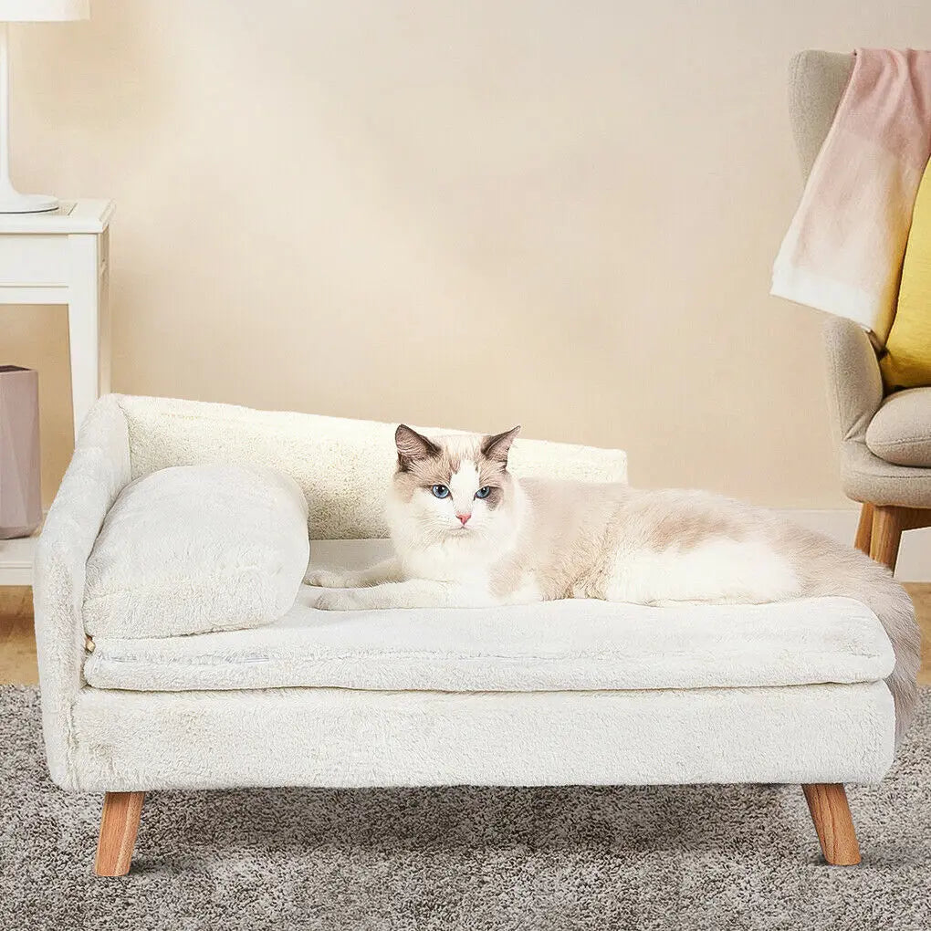 Solid Wood Elevated Pet Bed Plush Sofa Dogs Cats Indoor