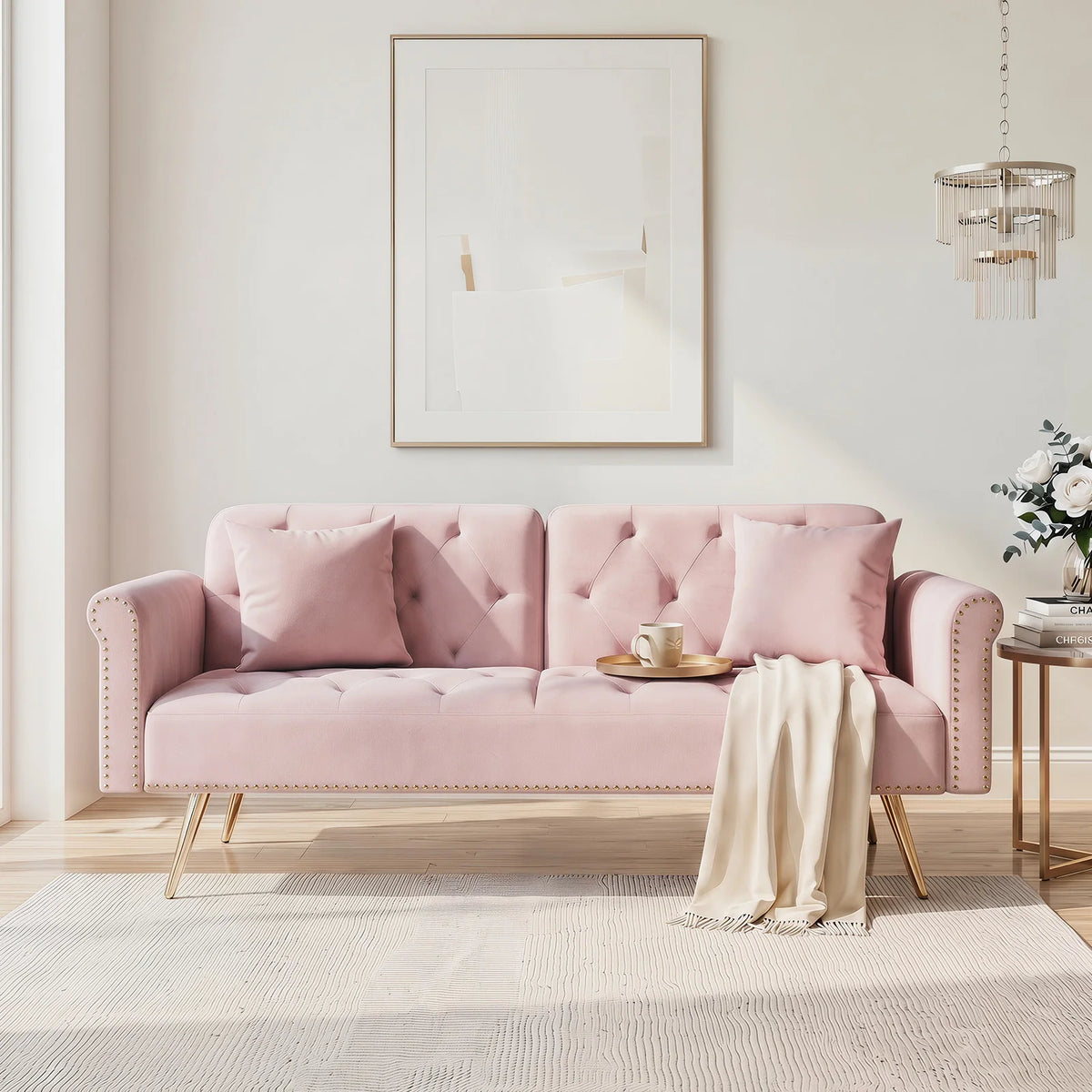 Modern Velvet Convertible Sofa Bed With Comfortable Matching Cushions