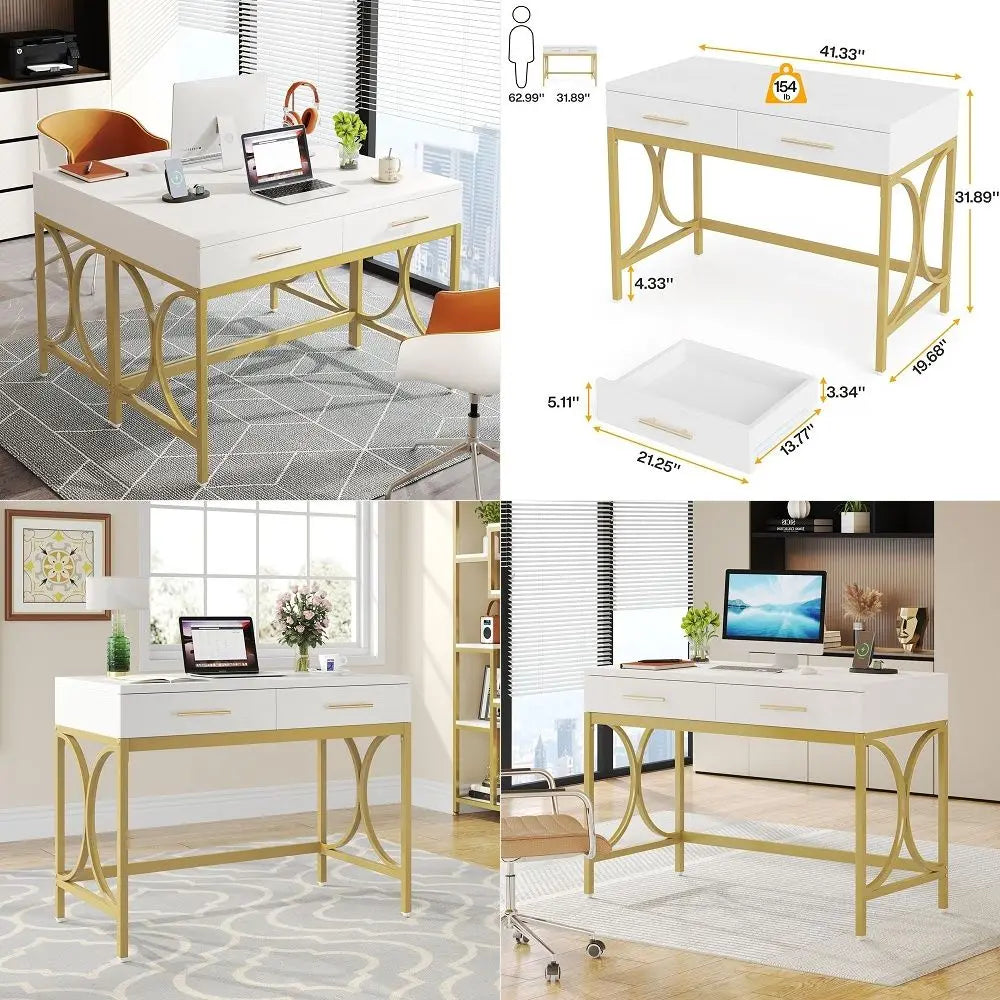Modern Computer Desk with 2 Drawers Set of 2, 41 Inches Study Writing Office Desk for Home Office, Bedroom, Makeup Vanity Table