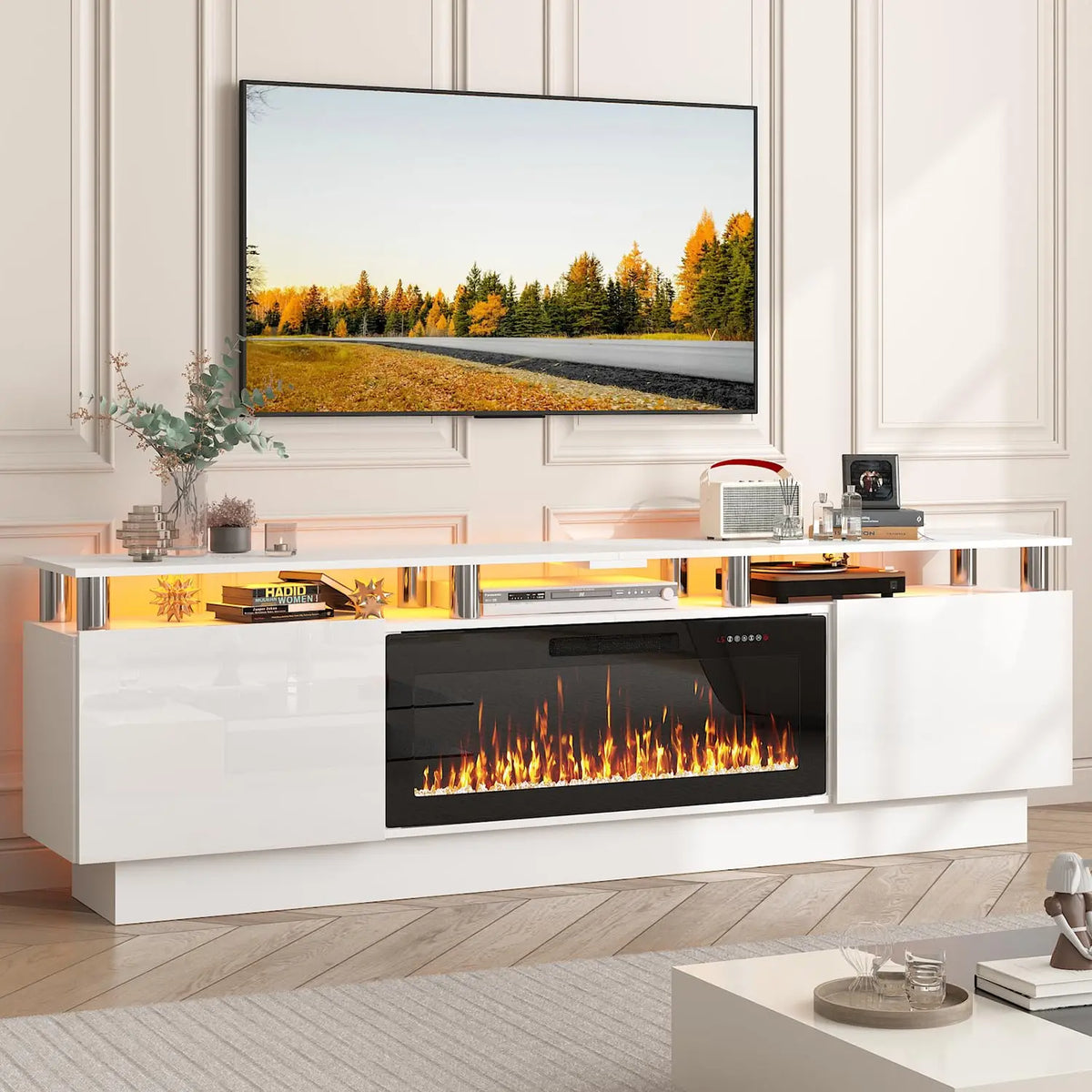 Modern Wood Electric Fireplace TV Stand Entertainment Center LED Lighting