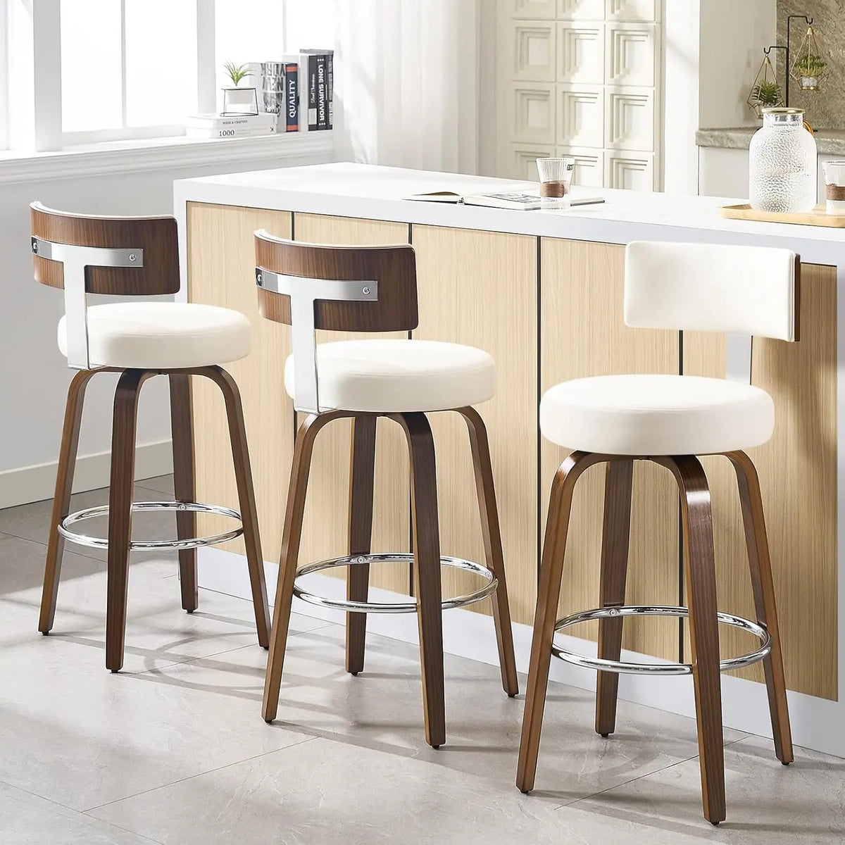 Swivel Counter Stools Set 3 Faux Leather Kitchen Barstool with Back Walnut Wood Legs 26" Seat White, Custom