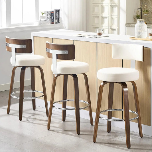 Swivel Counter Stools Set 3 Faux Leather Kitchen Barstool with Back Walnut Wood Legs 26" Seat White, Custom
