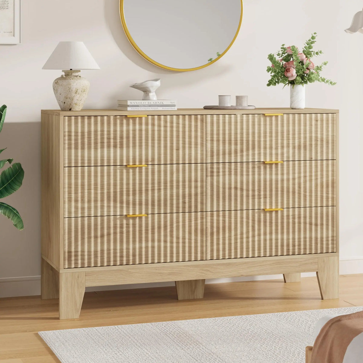 Modern Fluted Six Drawer Dresser With Metal Handles And Storage