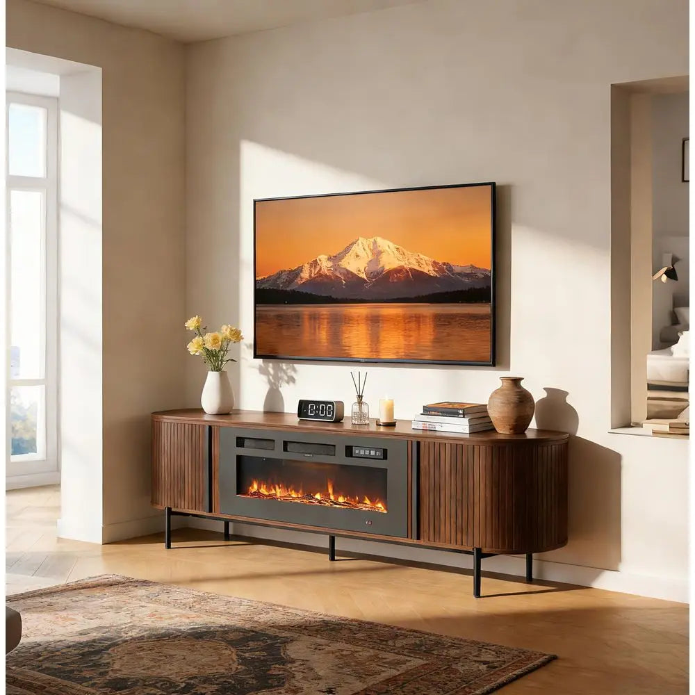 XMSJ Fluted TV Stand With Electric Fireplace Entertainment Center