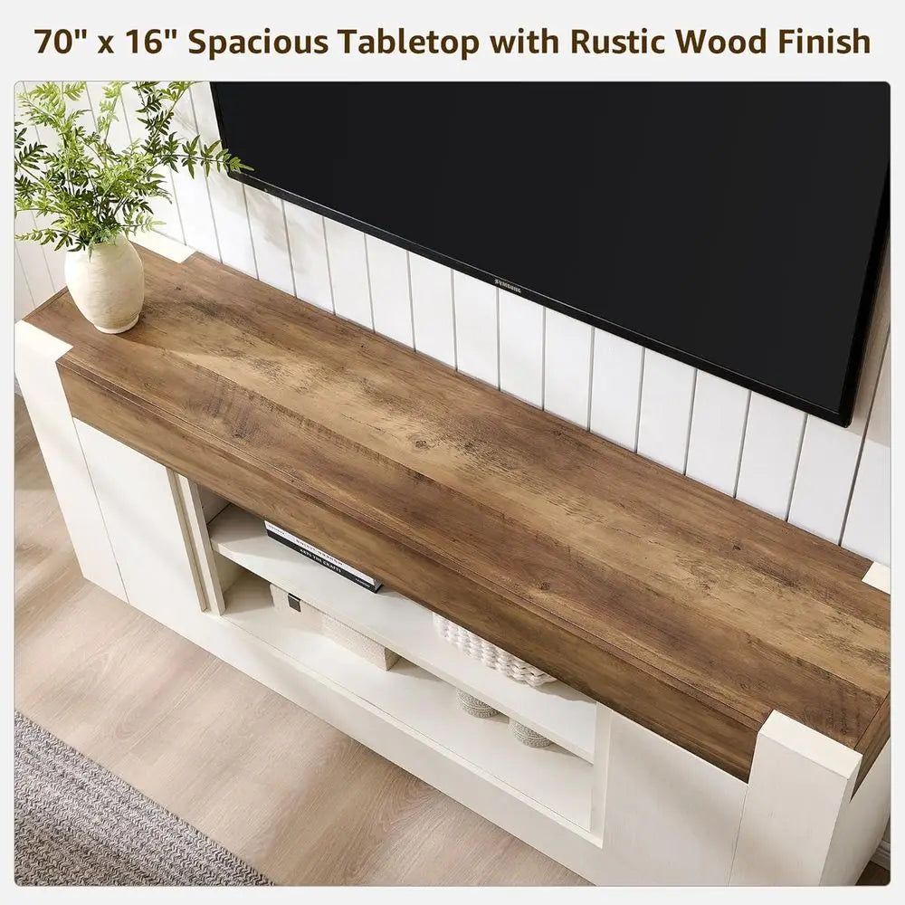 Modern Wood TV Stand With Open Storage And Side Cabinets