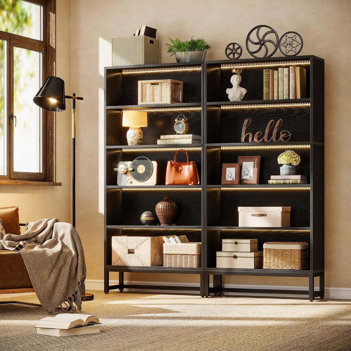 Tribesigns Five Tier Free Standing Library Bookcase With LED Lights