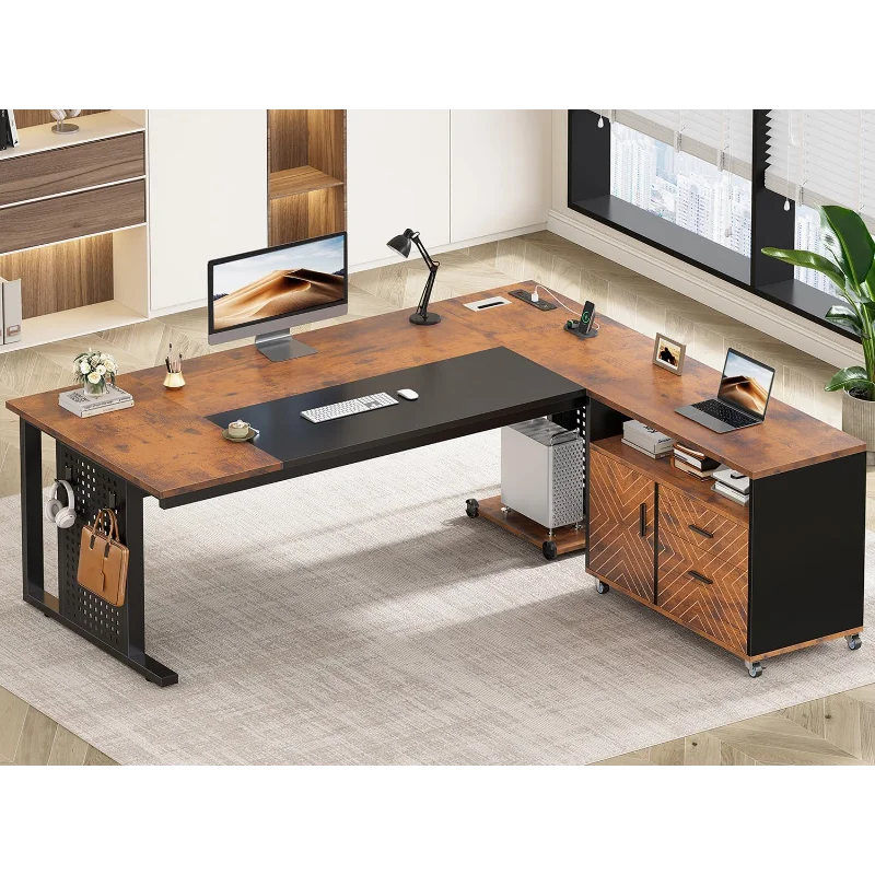 Cavandon Modern Executive Office Desk With Rolling File Cabinet