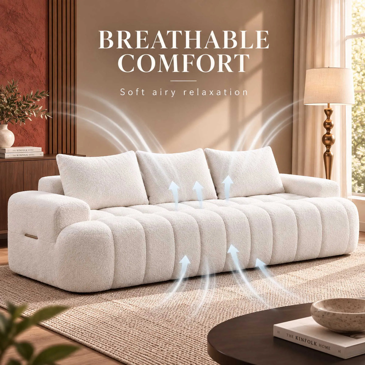 Curved Boucle Sofa Three Seat Cloud Couch With Resilient Foam