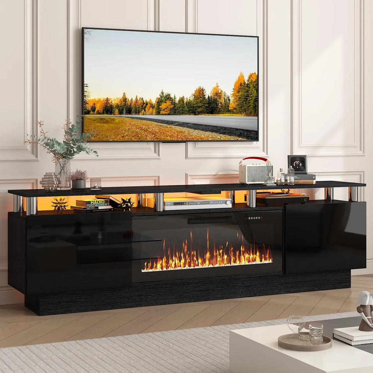 Modern Wood Electric Fireplace TV Stand Entertainment Center LED Lighting