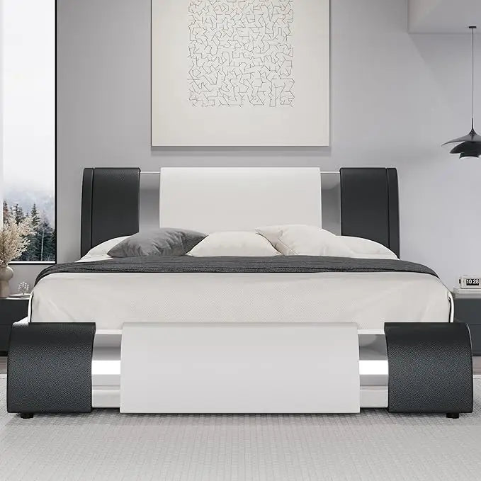 Queen Modern Faux Leather Platform Bed Frame