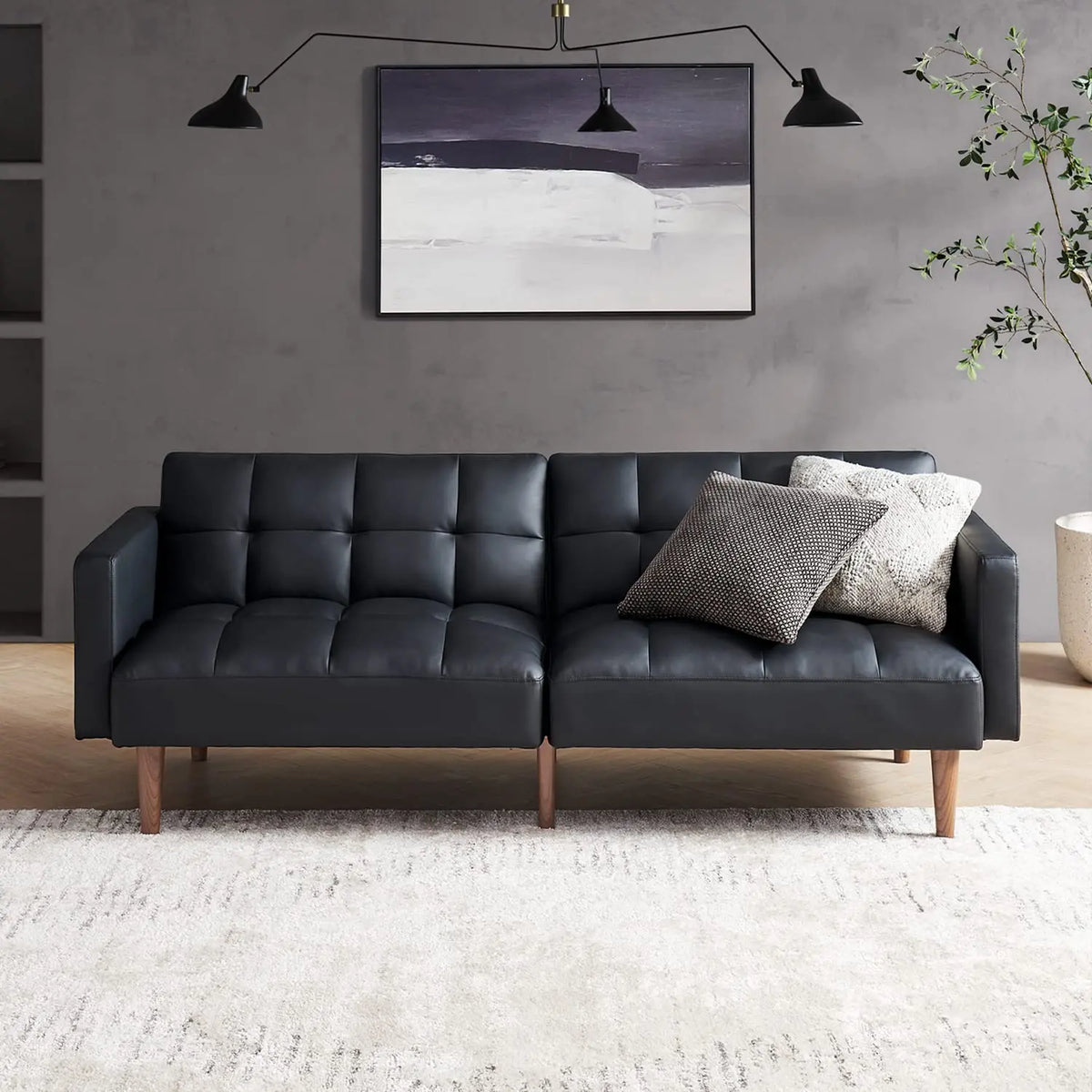 mopio 76.4" Mid Century Futon Sofa Bed PU Leather Loveseat Living Room Pecan Brown