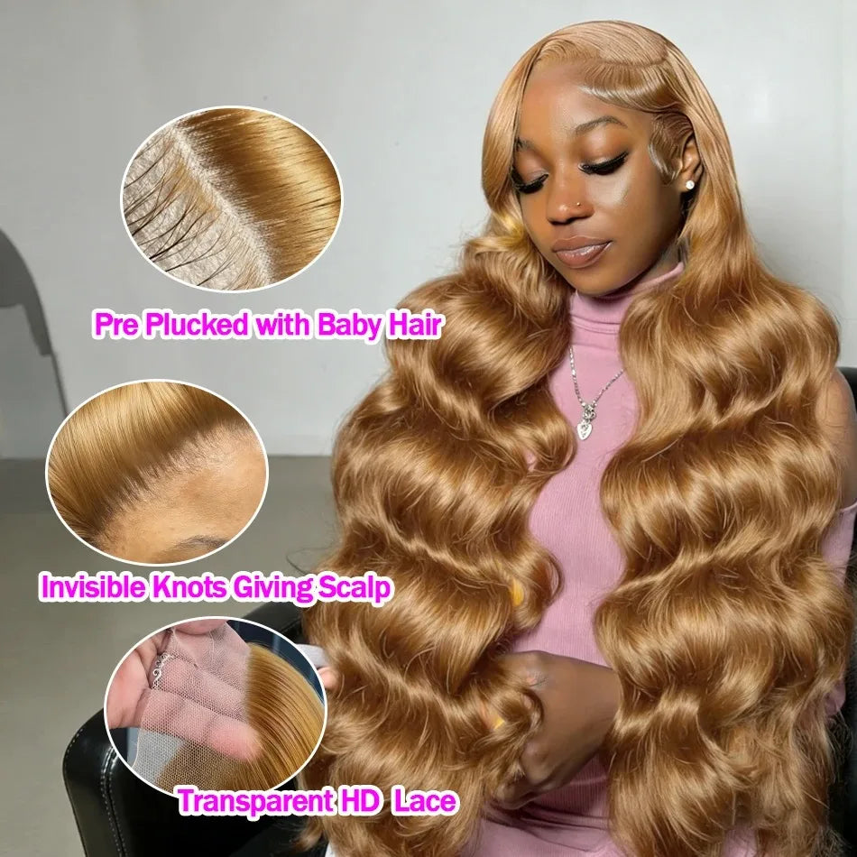 34 36inch 27 Honey Blonde Body Wave Wig Human Hair 13x6 Transparent Hd Lace Frontal Wig For Women 250 Density Brazilian Wigs