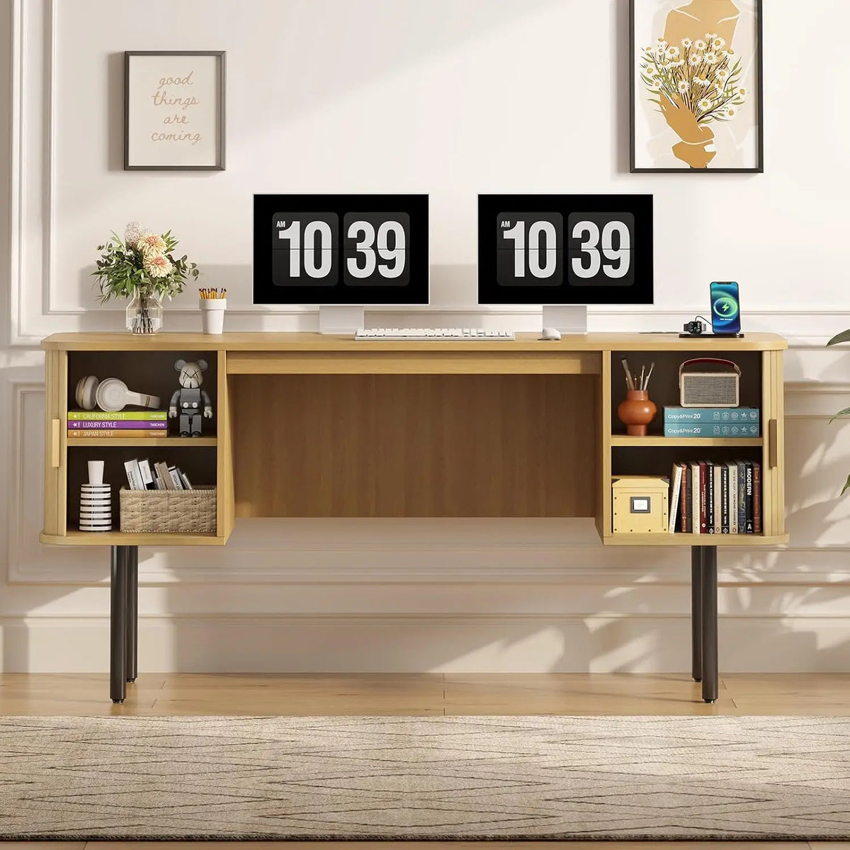 ONBRILL Fluted Computer Desk With Storage Cabinets And Power Outlets