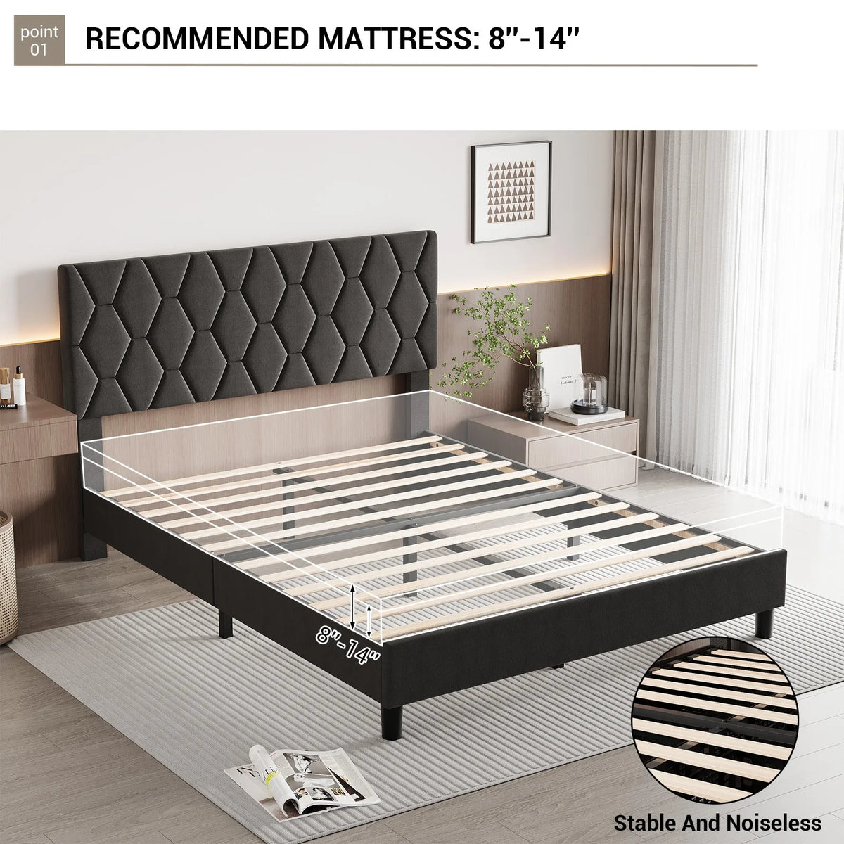 GarveeLife Upholstered Platform Bed Frame With Adjustable Fabric Headboard