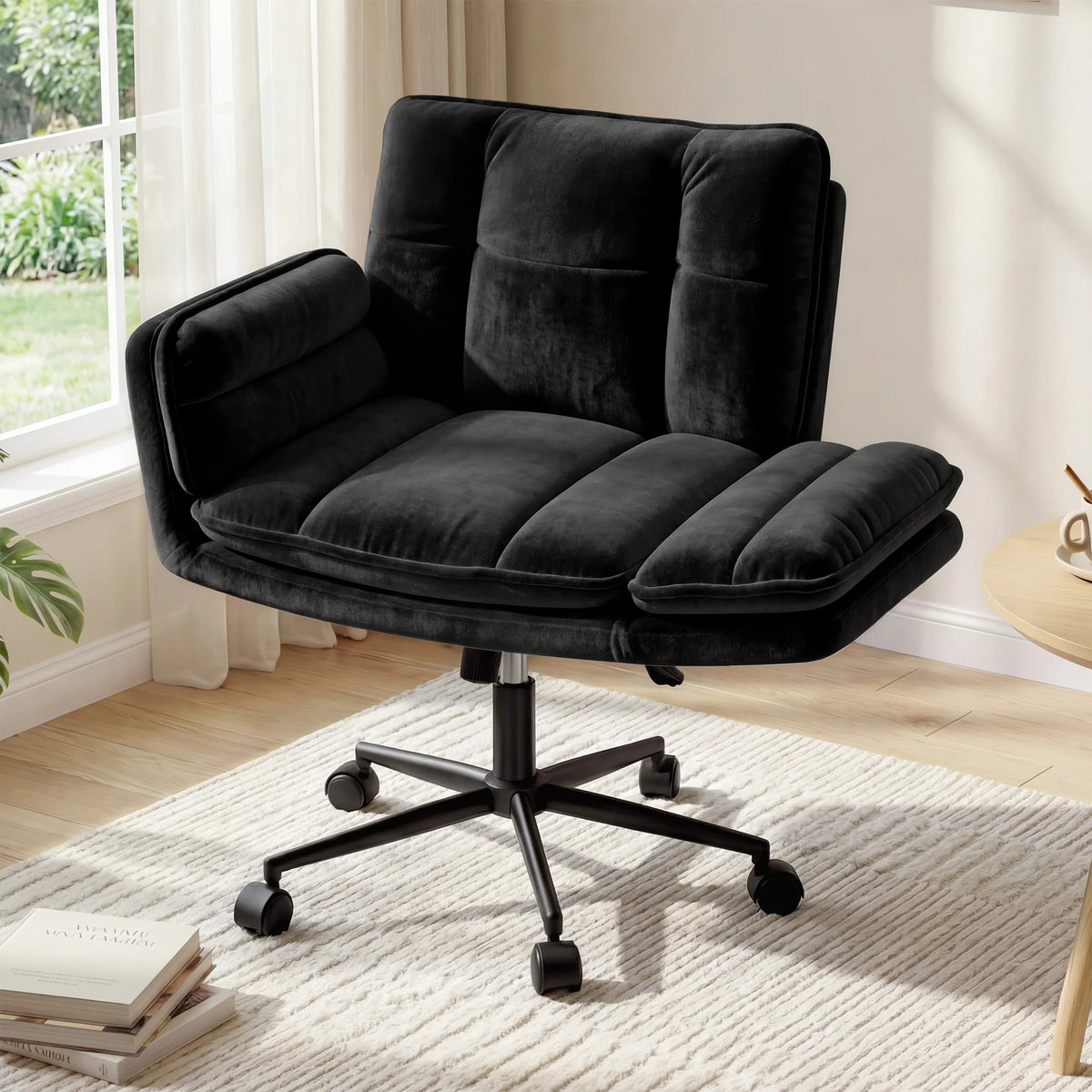 Criss Cross Chair with Wheels, Ergonomic Office Chair with Flip Armrests, Pet-Friendly Vanity Chair for Bedroom Makeup Room