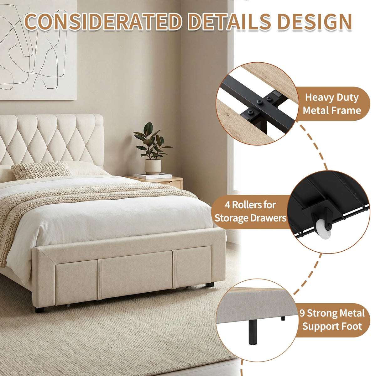 Upholstered Platform Bed Frame With Storage Drawers And Tufted Headboard