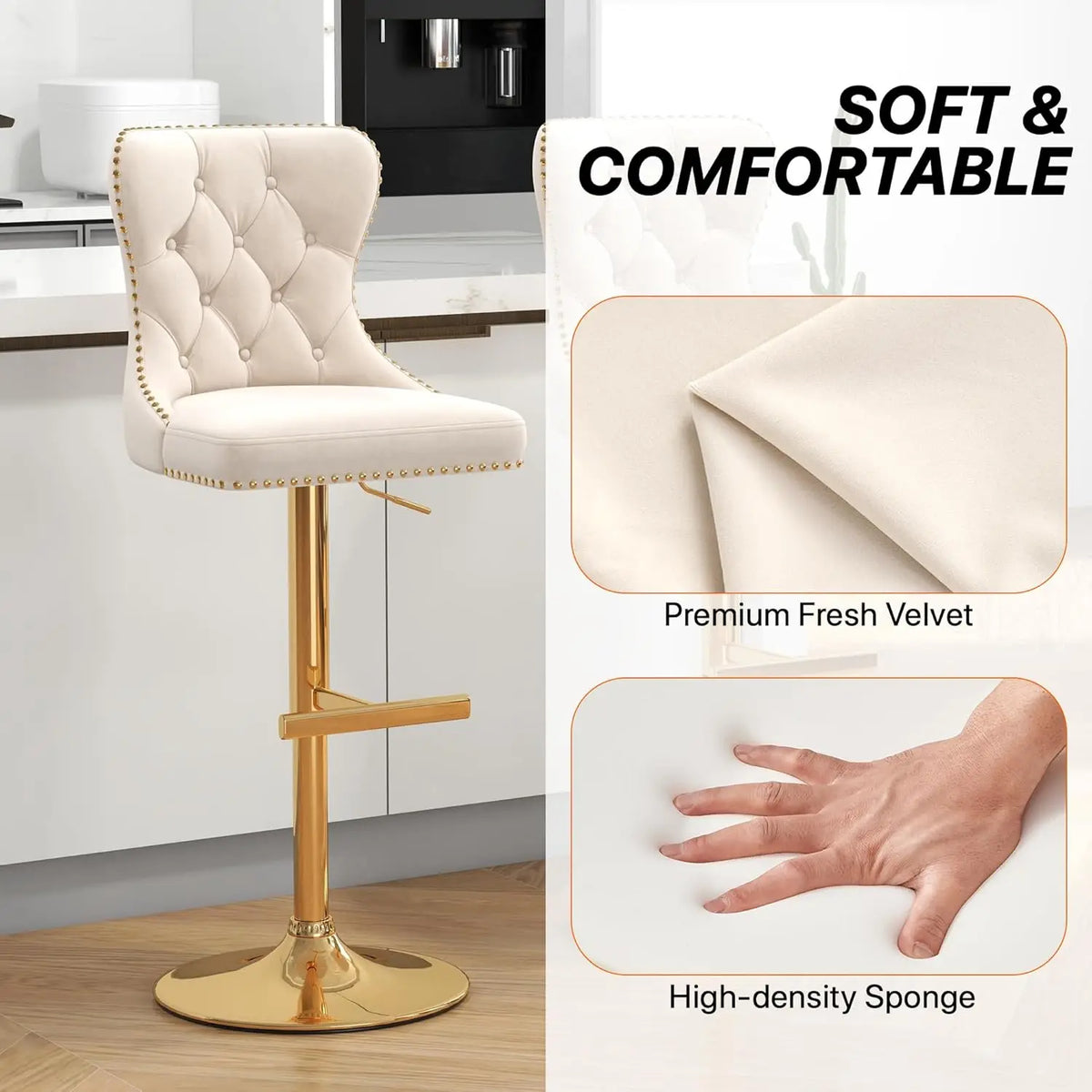 Velvet Swivel Counter Height Bar Stools Set 4 Tufted Back Nailheads Gold Base Kitchen Pub, Custom
