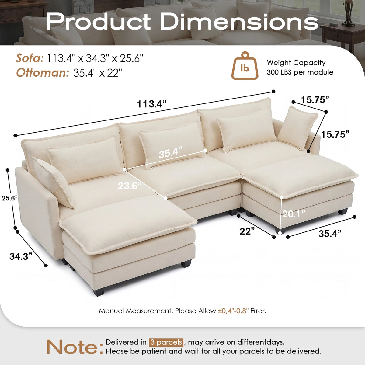 Redlife Modular Sectional Sofa With Ottoman Deep Seat Cloud Couch