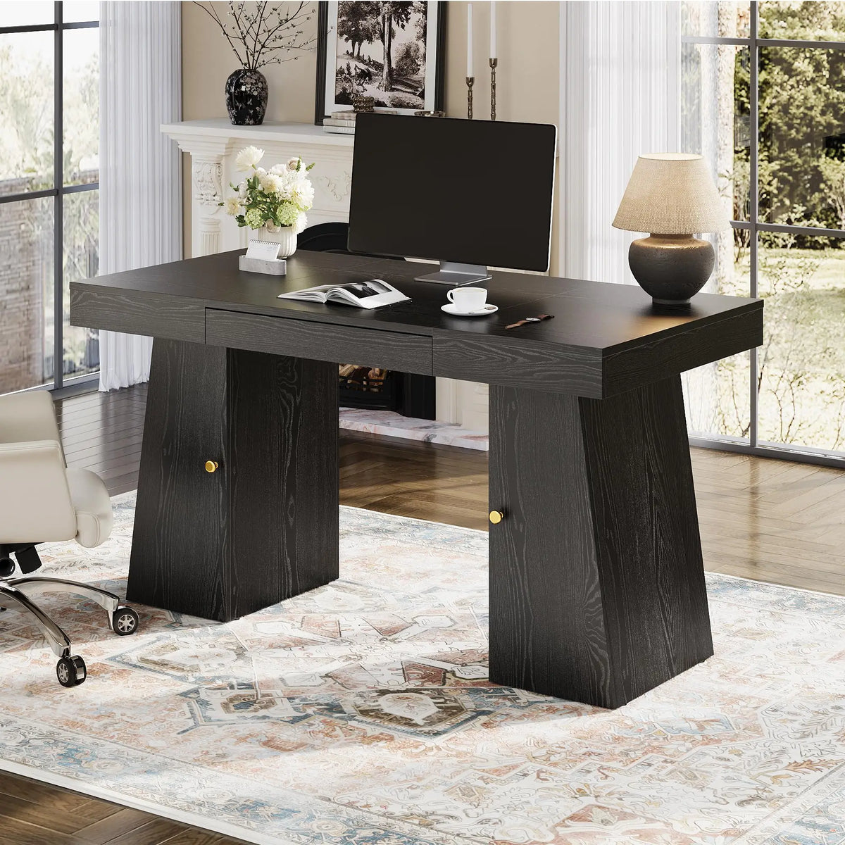 HiMISS Modern Computer Desk With Drawer Cabinet And Storage Shelves