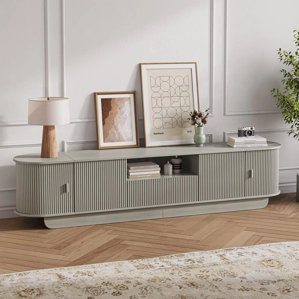 Tambour TV Stand With Large Storage Cabinet And Open Shelves