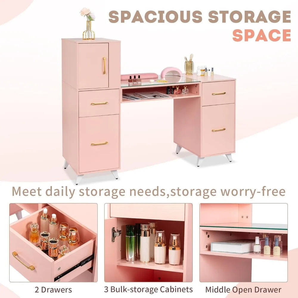 USA Shipping Manicure Table Nail Desk with Glass Top and Wrist Rest, Nail Station, Beauty Salon Nail Supplies