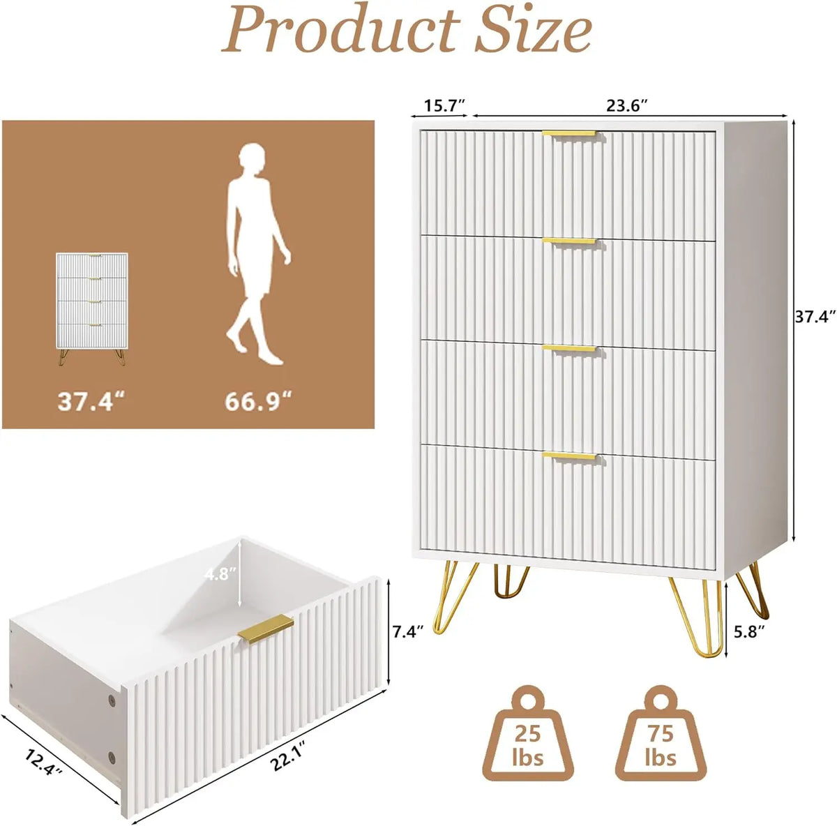 White Modern Dresser with Gold Metal Handles for Bedroom