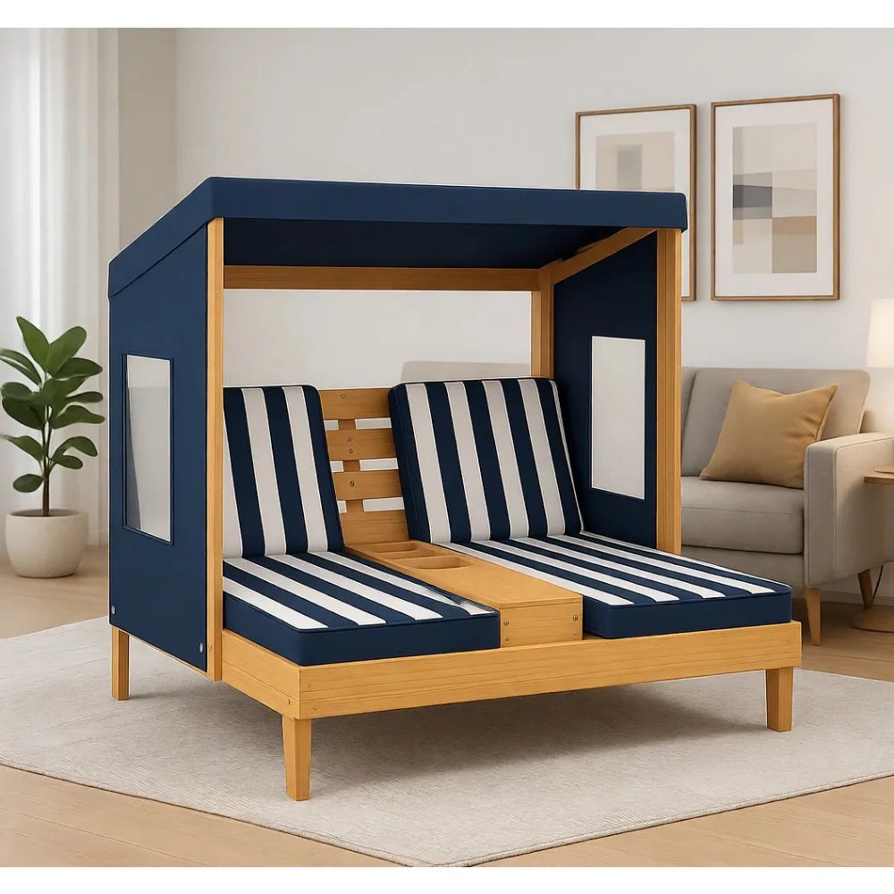 Children's Outdoor Double Pool Lounger Chairs with Canopy and Cushions, Suitable for Patio Backyards