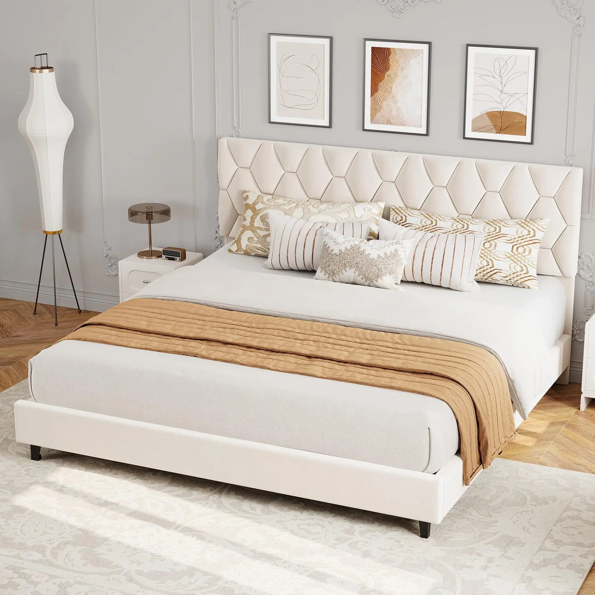 GAOMON Upholstered Platform Bed with Padded Headboard and Slat Support