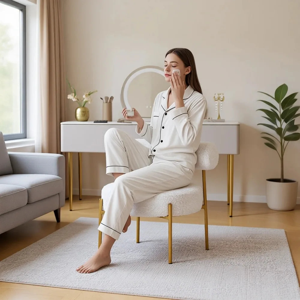 Contemporary Vanity Chair With Boucle Fabric And Gold Metal Legs