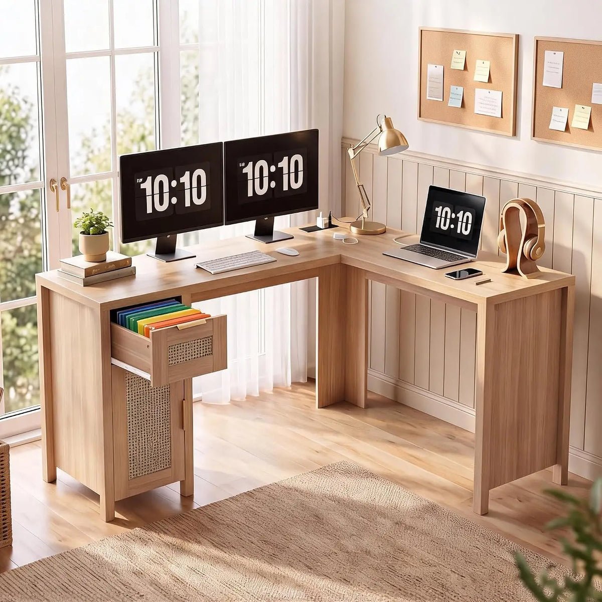 HiMISS Modern L Shaped Office Desk With Storage Shelves
