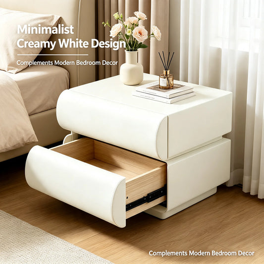 2-Drawer Modern Nightstand with Microfiber Leather Finish, Minimalist Bedside End Table 19.7x15.7x15.7in for Bedroom Living Room, Creamy White