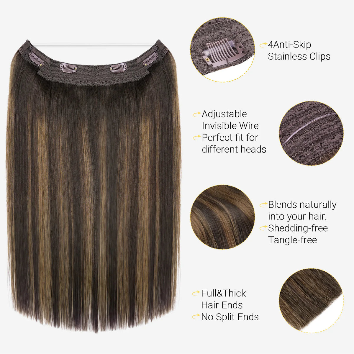 Sunmofavo 100% Real Remy Human Hair Halo Wire Hair Extensions,Free To Restyle, Full Hair Density, 2‑6‑2 Balayage Dark Brown Mixed Chestnut Brown 20 Inch, Invisible Fish‑Line With Adjustable Size, All‑Day Secure Fit,Fa