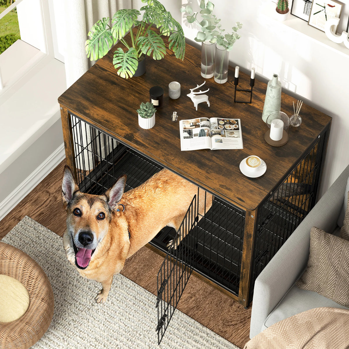 BINGOPAW Double Door Dog Kennel With Removable Tray End Table