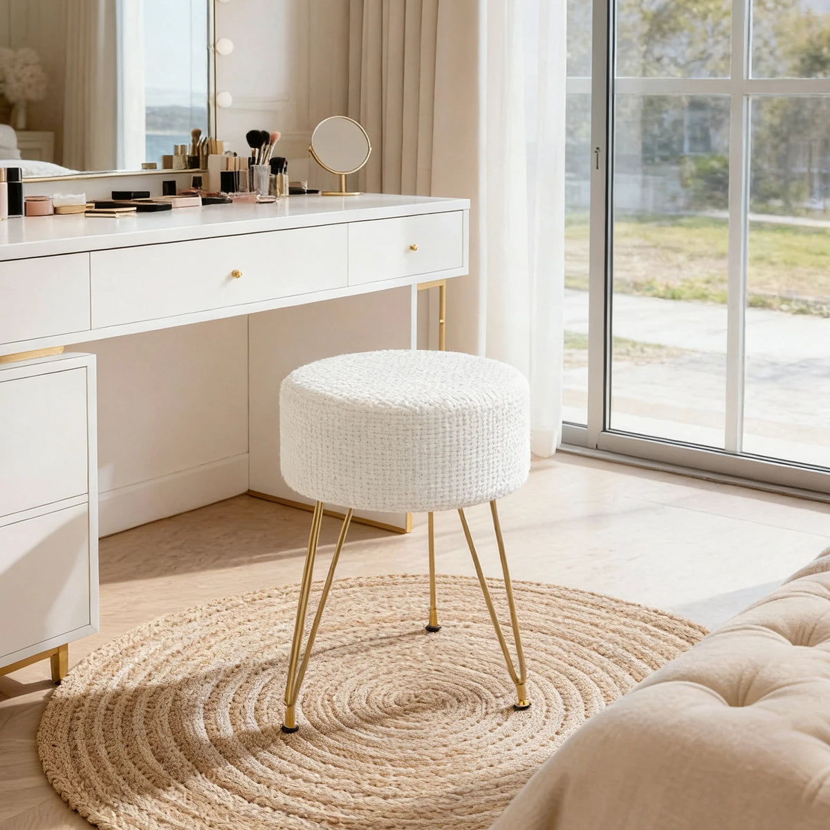 JHK Velvet Round Ottoman Footrest Stool For Living Room
