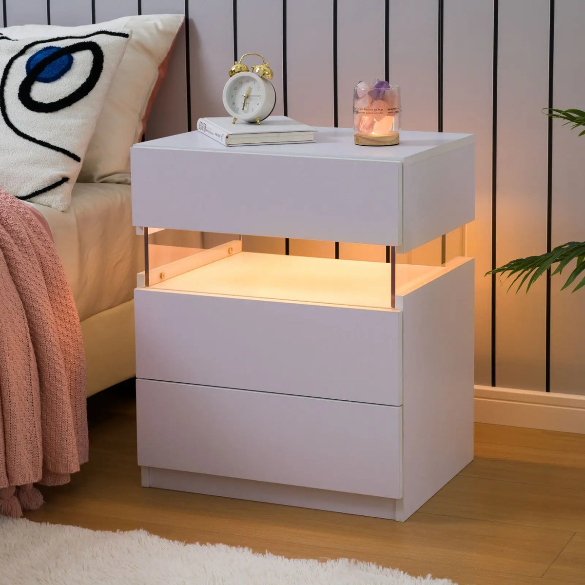 Cubehom Bedside Tables Set With LED Lighting And 3 Drawers