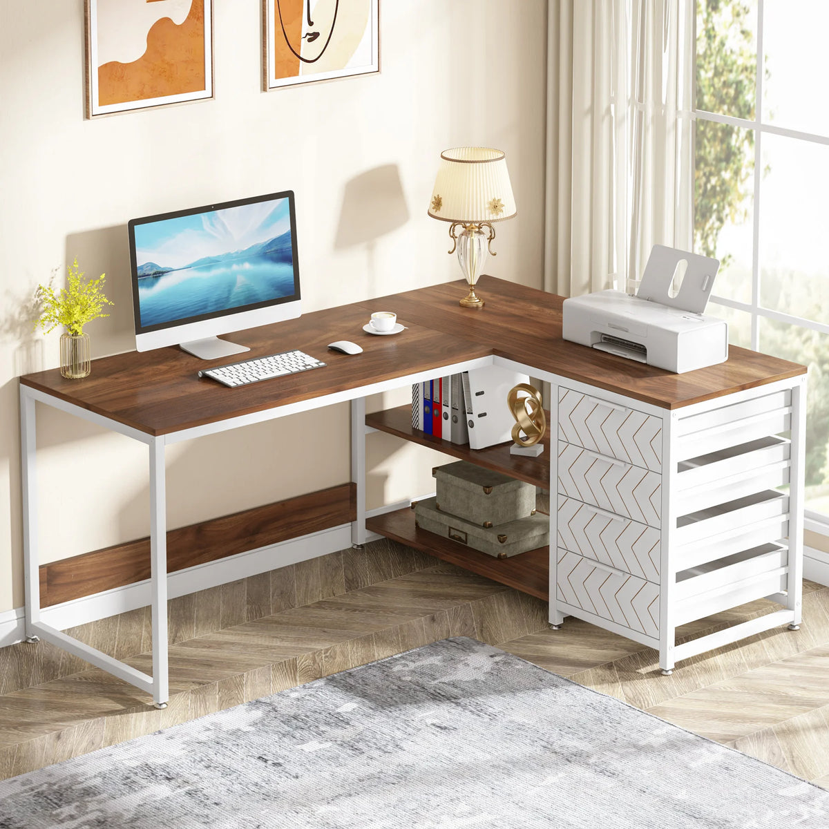 Tribesigns L Shaped Computer Desk With Drawers And Storage Shelves