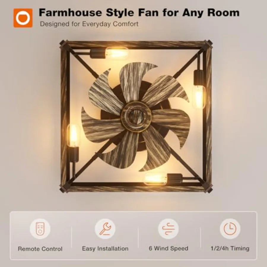 Caged Low Profile Ceiling Fans with Lights and Remote, Small Farmhouse Flush Mount Fandelier, 6 Speeds Reversible Ceiling Fan w