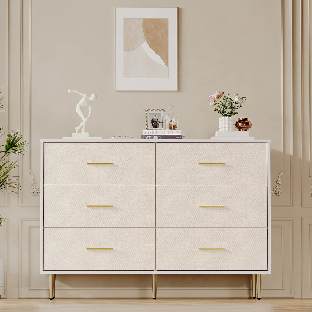 Modern Six Drawer Dresser With Gold Metal Legs and Handles