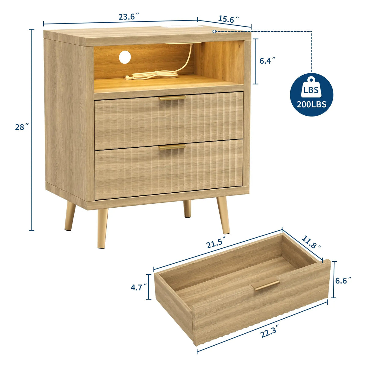 23.6 Inch Nightstand With Charging Station, RGB LED Light, 2 Drawers, Open Shelf, 3 AC Outlets And 2 USB Ports For Bedroom Dorm