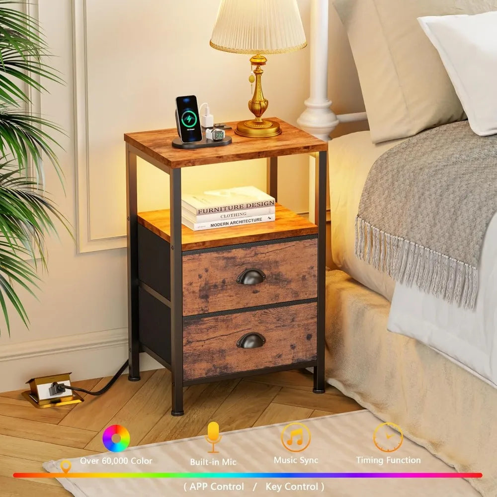 XIUWO Nightstand With USB Ports And Charging Station LED Lights
